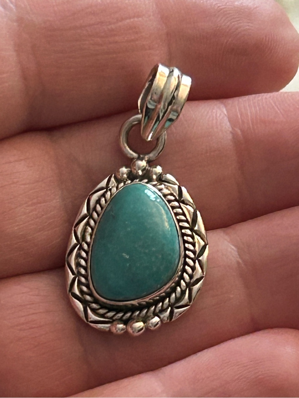 Detailed Sterling Silver Teardrop Turquoise Pendant